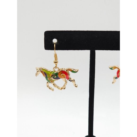 Gold-Tone Horse Earrings with Colorful Enamel Swirl Design Dangle Style Lightwei - Picture 12 of 12
